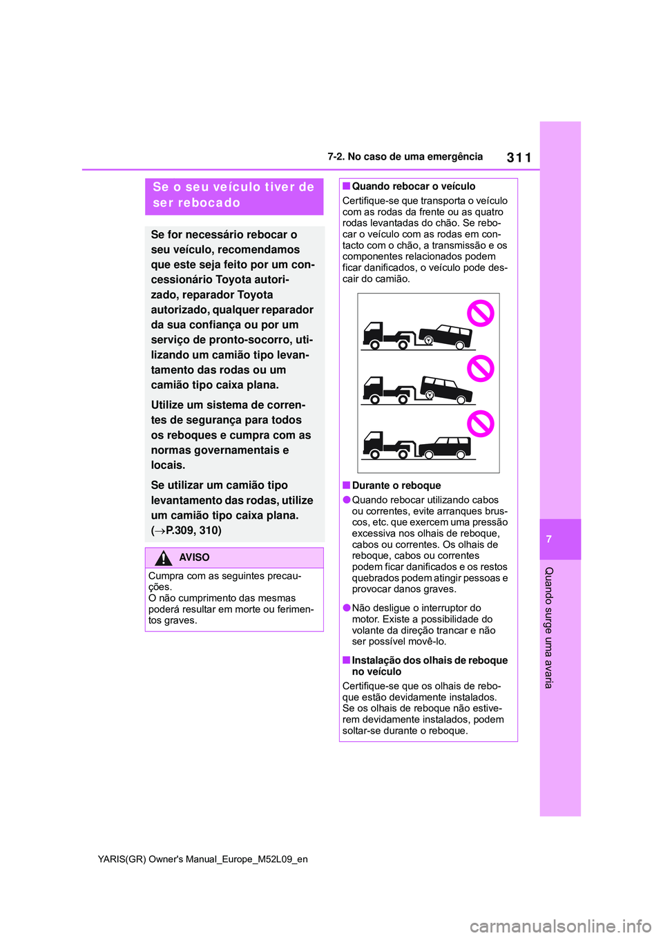 TOYOTA GR YARIS 2021 Manual de utilização (in Portuguese) 311
7
YARIS(GR) Owners Manual_Europe_M52L09_en
7-2. No caso de uma emergência
Quando surge uma avaria
7-2.No caso de uma emergência
Se o seu veículo tiver de
ser rebocado
Se for necessário reboc TOYOTA GR YARIS 2021 Manual de utilização (in Portuguese) 311
7
YARIS(GR) Owners Manual_Europe_M52L09_en
7-2. No caso de uma emergência
Quando surge uma avaria
7-2.No caso de uma emergência
Se o seu veículo tiver de
ser rebocado
Se for necessário reboc