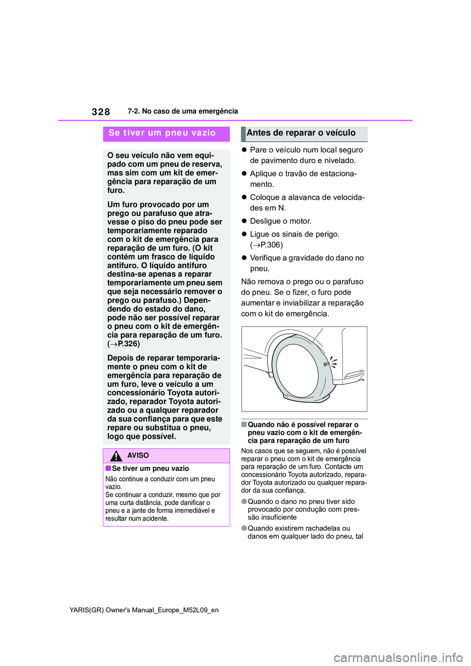 TOYOTA GR YARIS 2021 Manual de utilização (in Portuguese) 328
YARIS(GR) Owners Manual_Europe_M52L09_en
7-2. No caso de uma emergência
Pare o veículo num local seguro
de pavimento duro e nivelado.
Aplique o travão de estaciona-
mento.
Coloque a TOYOTA GR YARIS 2021 Manual de utilização (in Portuguese) 328
YARIS(GR) Owners Manual_Europe_M52L09_en
7-2. No caso de uma emergência
Pare o veículo num local seguro
de pavimento duro e nivelado.
Aplique o travão de estaciona-
mento.
Coloque a
