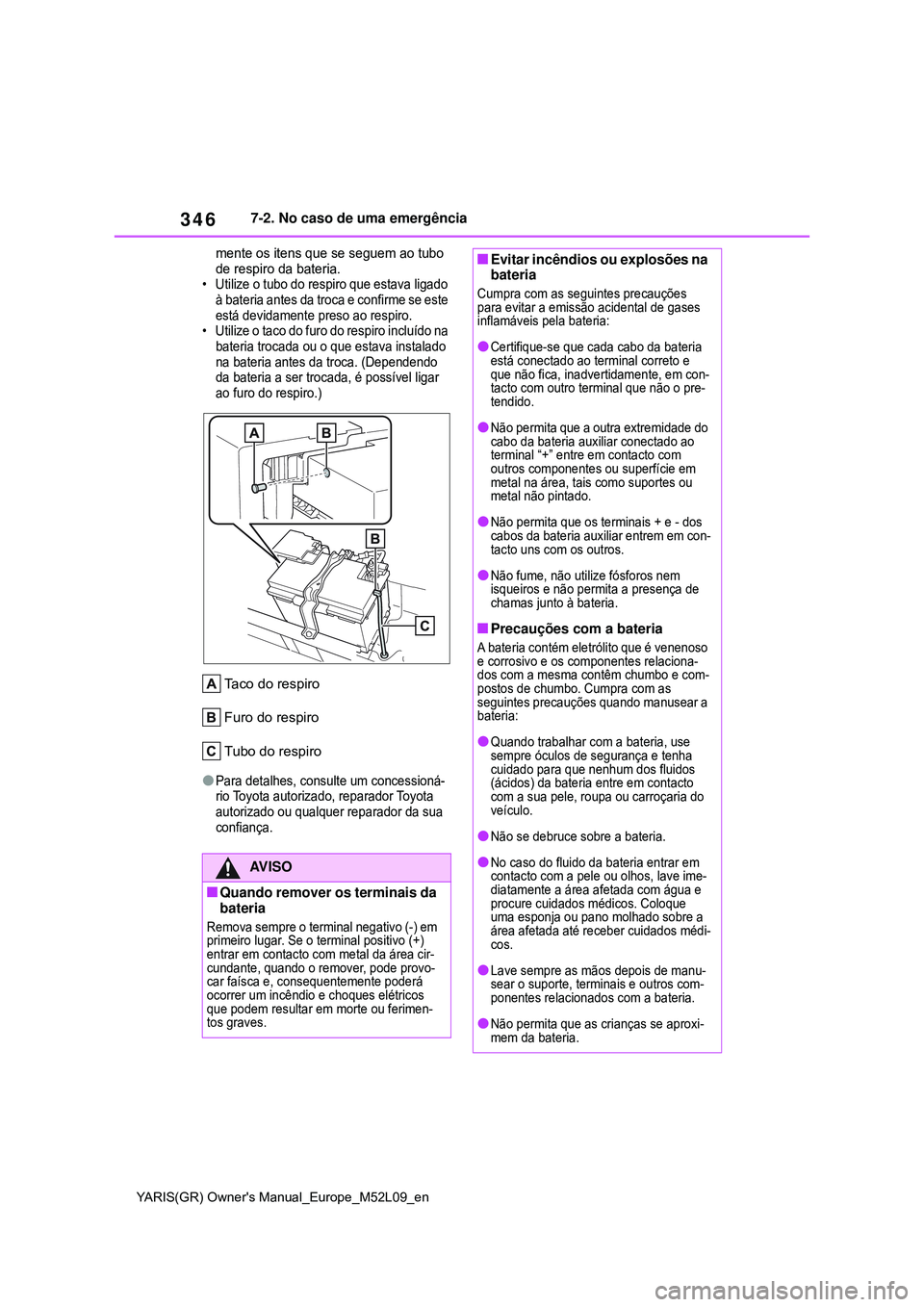 TOYOTA GR YARIS 2021 Manual de utilização (in Portuguese) 346
YARIS(GR) Owners Manual_Europe_M52L09_en
7-2. No caso de uma emergência
mente os itens que se seguem ao tubo
de respiro da bateria.
• Utilize o tubo do respiro que estava ligado
à bateria a TOYOTA GR YARIS 2021 Manual de utilização (in Portuguese) 346
YARIS(GR) Owners Manual_Europe_M52L09_en
7-2. No caso de uma emergência
mente os itens que se seguem ao tubo
de respiro da bateria.
• Utilize o tubo do respiro que estava ligado
à bateria a