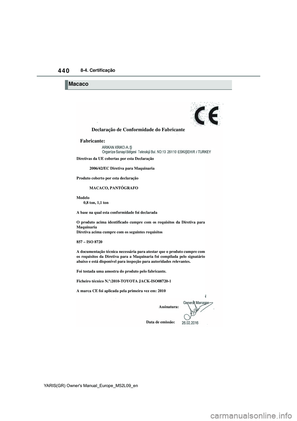 TOYOTA GR YARIS 2021  Manual de utilização (in Portuguese) 440
YARIS(GR) Owners Manual_Europe_M52L09_en
8-4. Certificação
Macaco
Diretivas da UE cobertas por esta Declaração
             2006/42/EC Diretiva para Maquinaria
Produto coberto por esta declar