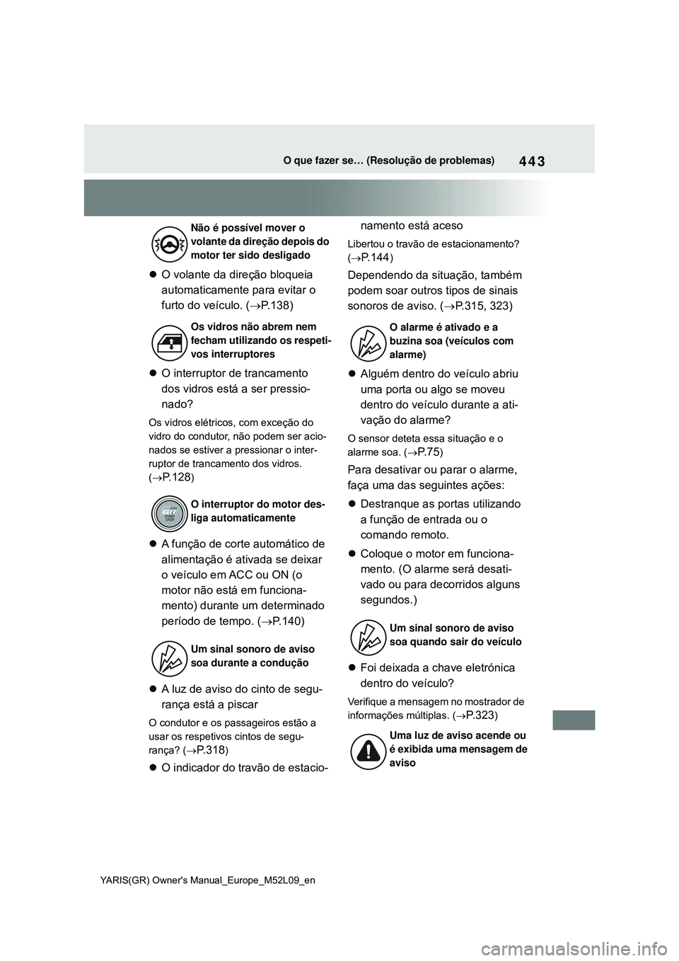 TOYOTA GR YARIS 2021 Manual de utilização (in Portuguese) 443
YARIS(GR) Owners Manual_Europe_M52L09_en
O que fazer se… (Resolução de problemas)
O volante da direção bloqueia
automaticamente para evitar o
furto do veículo. (P.138)
O interru TOYOTA GR YARIS 2021 Manual de utilização (in Portuguese) 443
YARIS(GR) Owners Manual_Europe_M52L09_en
O que fazer se… (Resolução de problemas)
O volante da direção bloqueia
automaticamente para evitar o
furto do veículo. (P.138)
O interru