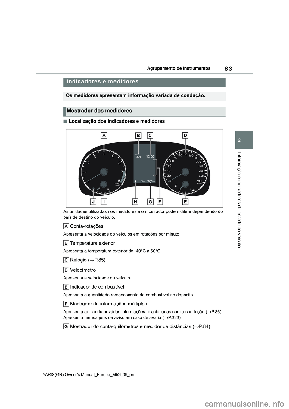 TOYOTA GR YARIS 2021  Manual de utilização (in Portuguese) 83
2
YARIS(GR) Owners Manual_Europe_M52L09_en
Agrupamento de instrumentos
Informação e indicadores do estado do veículo
Localização dos indicadores e medidores
As unidades utilizadas nos medi