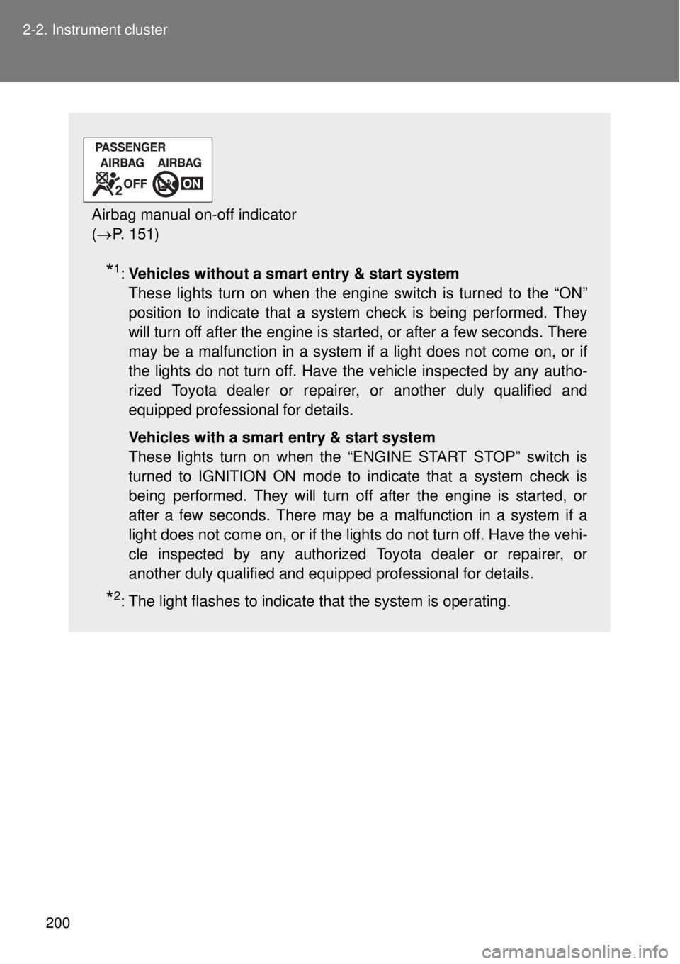 TOYOTA GT86 2014 Owners Manual 200 2-2. Instrument cluster
*1:Vehicles without a smart entry & start system
These lights turn on when the engine switch is turned to the “ON”
position to indicate that a system check is being pe TOYOTA GT86 2014 Owners Manual 200 2-2. Instrument cluster
*1:Vehicles without a smart entry & start system
These lights turn on when the engine switch is turned to the “ON”
position to indicate that a system check is being pe