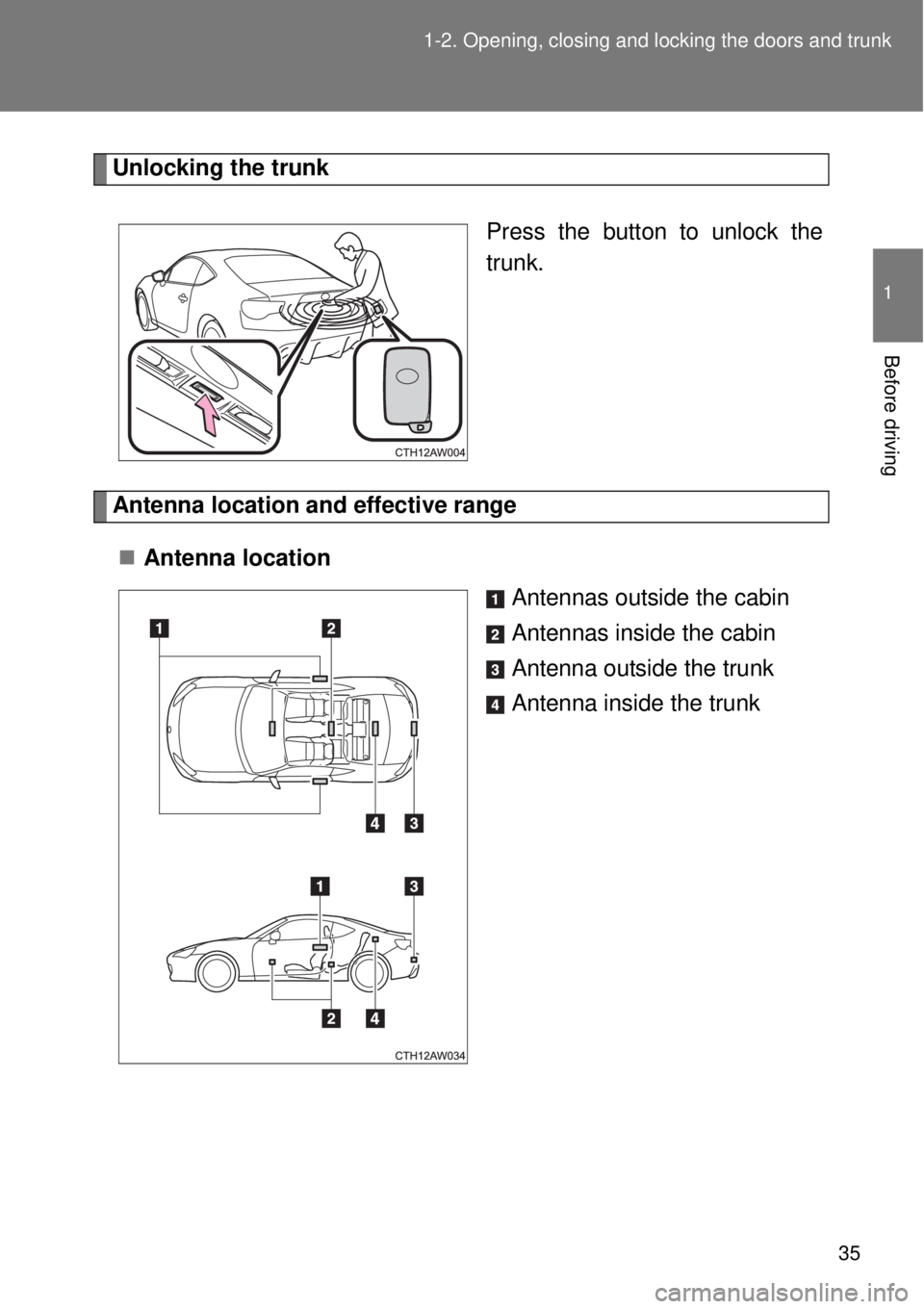 TOYOTA GT86 2014  Owners Manual 35 1-2. Opening, closing and locking the doors and trunk
1
Before driving
Unlocking the trunk
Press the button to unlock the
trunk.
Antenna location and effective range
Antenna location
Antennas ou