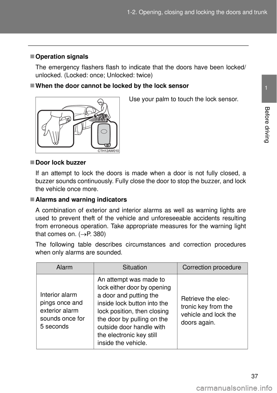 TOYOTA GT86 2014 Owners Manual 37 1-2. Opening, closing and locking the doors and trunk
1
Before driving
Operation signals
The emergency flashers flash to indicate that the doors have been locked/
unlocked. (Locked: once; Unlock TOYOTA GT86 2014 Owners Manual 37 1-2. Opening, closing and locking the doors and trunk
1
Before driving
Operation signals
The emergency flashers flash to indicate that the doors have been locked/
unlocked. (Locked: once; Unlock