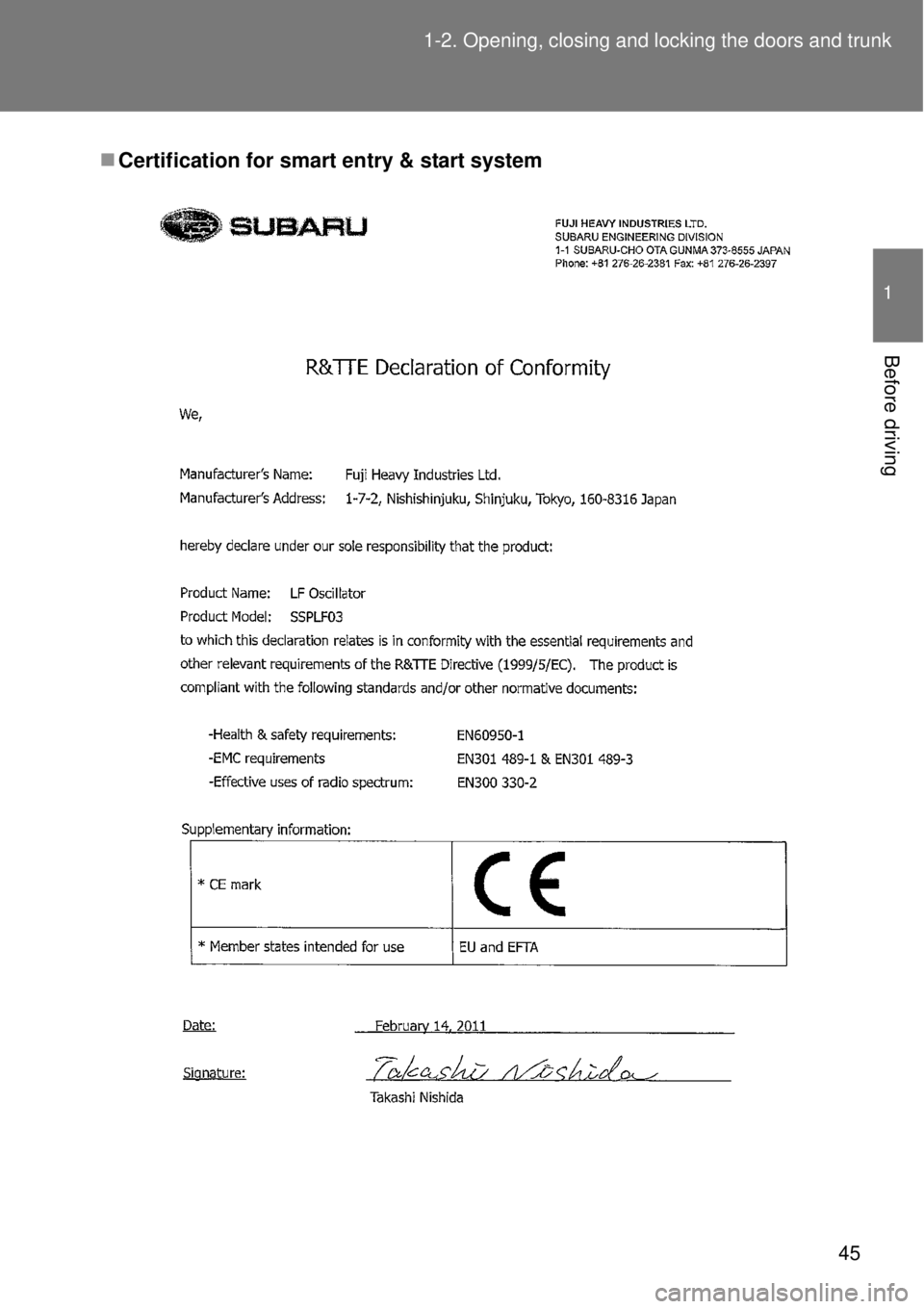 TOYOTA GT86 2014  Owners Manual 45 1-2. Opening, closing and locking the doors and trunk
1
Before driving
Certification for smart entry & start system 