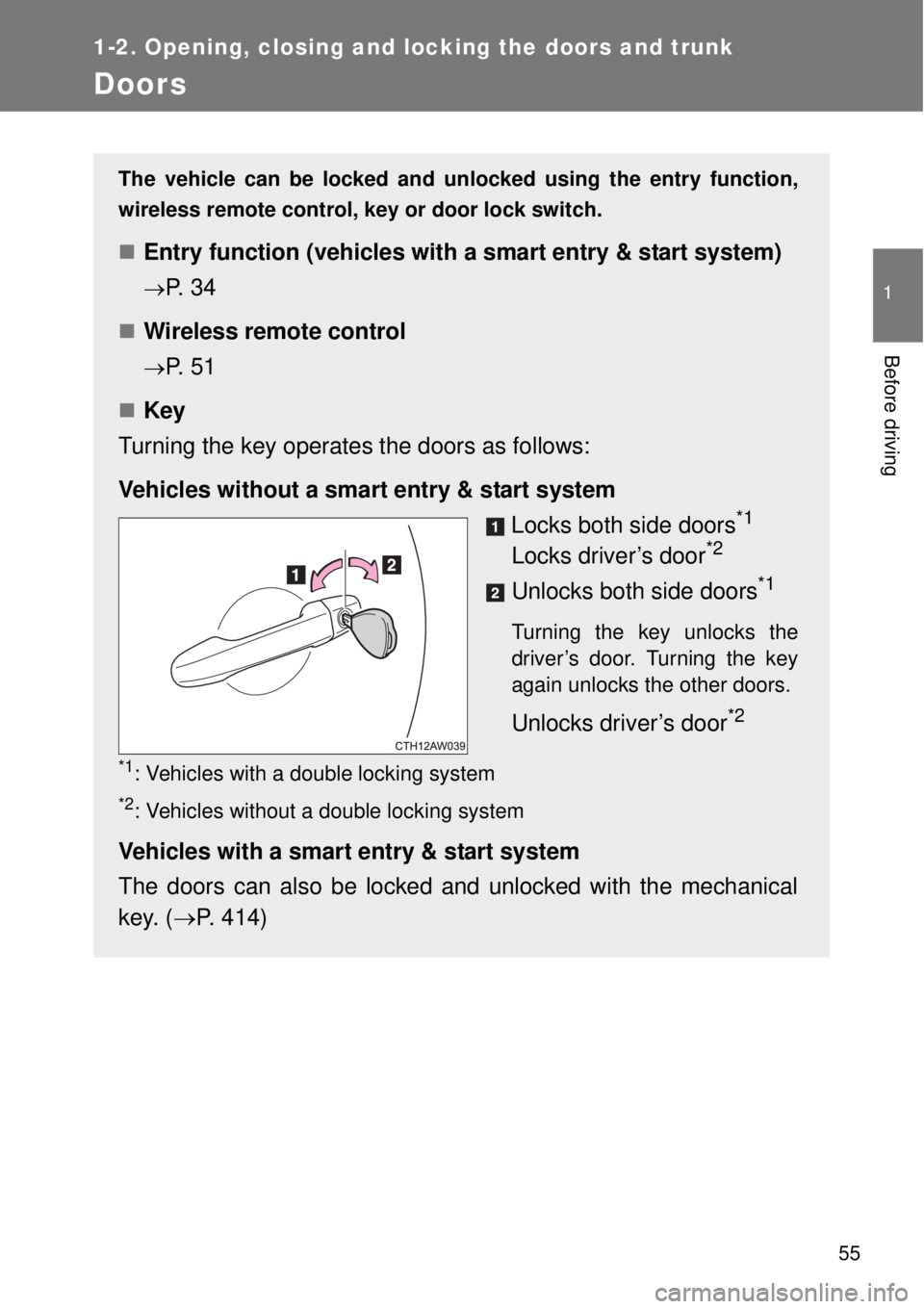 TOYOTA GT86 2014  Owners Manual 55
1
1-2. Opening, closing and locking the doors and trunk
Before driving
Doors
The vehicle can be locked and unlocked using the entry function,
wireless remote control, key or door lock switch.
En