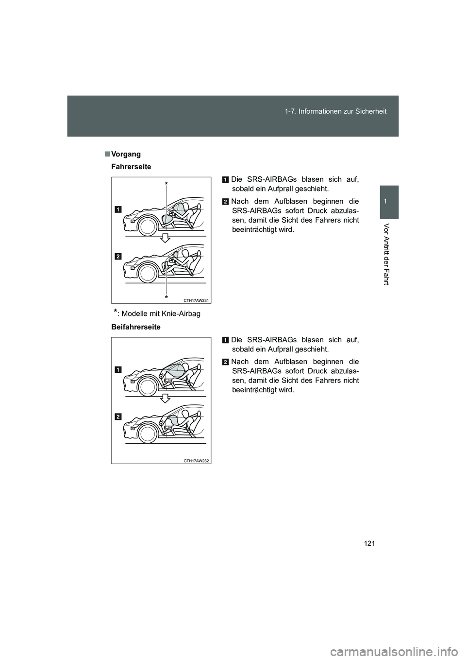 TOYOTA GT86 2014  Betriebsanleitungen (in German) 121 1-7. Informationen zur Sicherheit
1
Vor Antritt der Fahrt
FT86_EM
■Vo r g a n g
Fahrerseite
*: Modelle mit Knie-Airbag
BeifahrerseiteDie SRS-AIRBAGs blasen sich auf,
sobald ein Aufprall geschieh