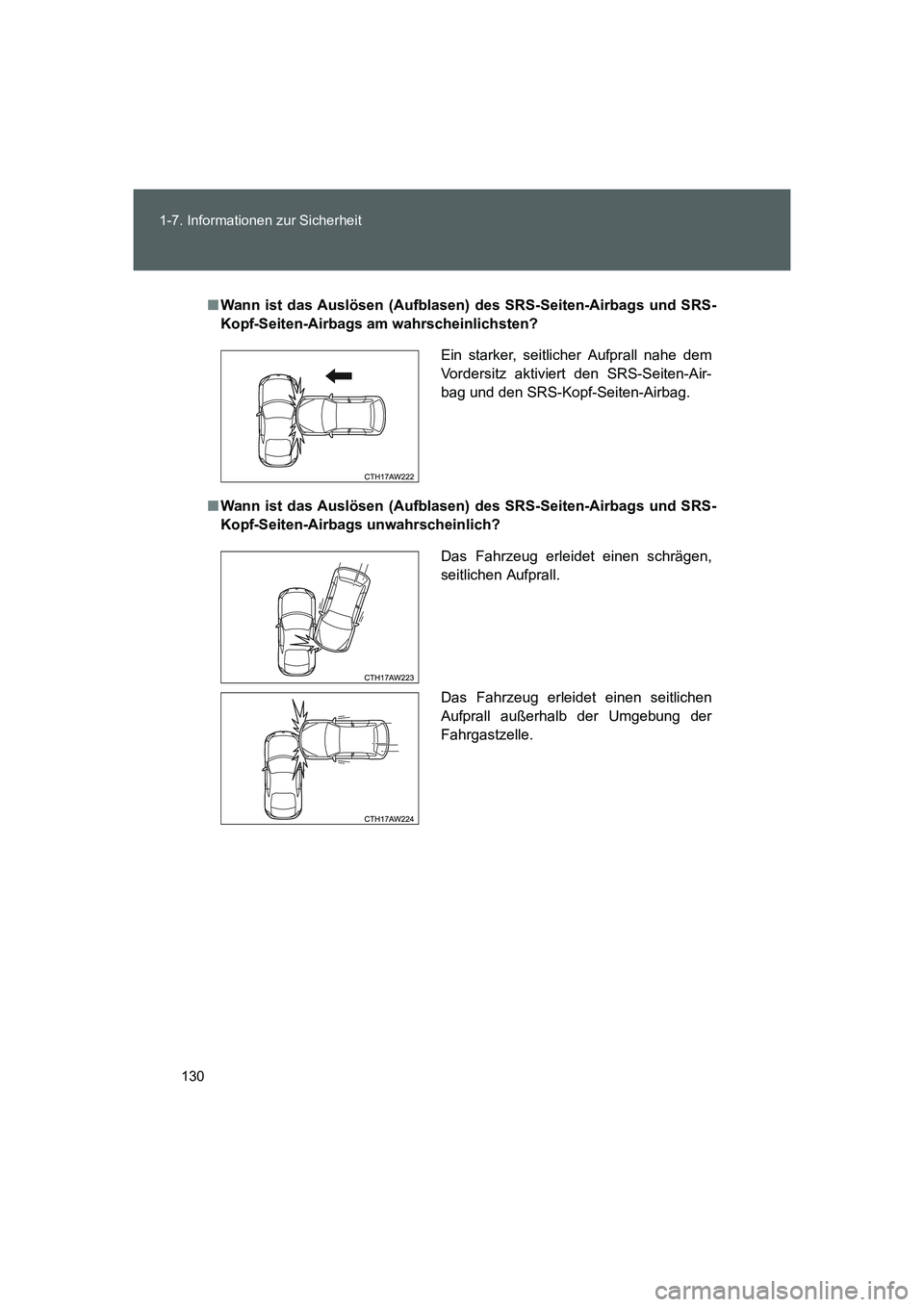 TOYOTA GT86 2014  Betriebsanleitungen (in German) 130 1-7. Informationen zur Sicherheit
FT86_EM
■Wann ist das Auslösen (Aufblasen) des SRS-Seiten-Airbags und SRS-
Kopf-Seiten-Airbags am wahrscheinlichsten?
■Wann ist das Auslösen (Aufblasen) des