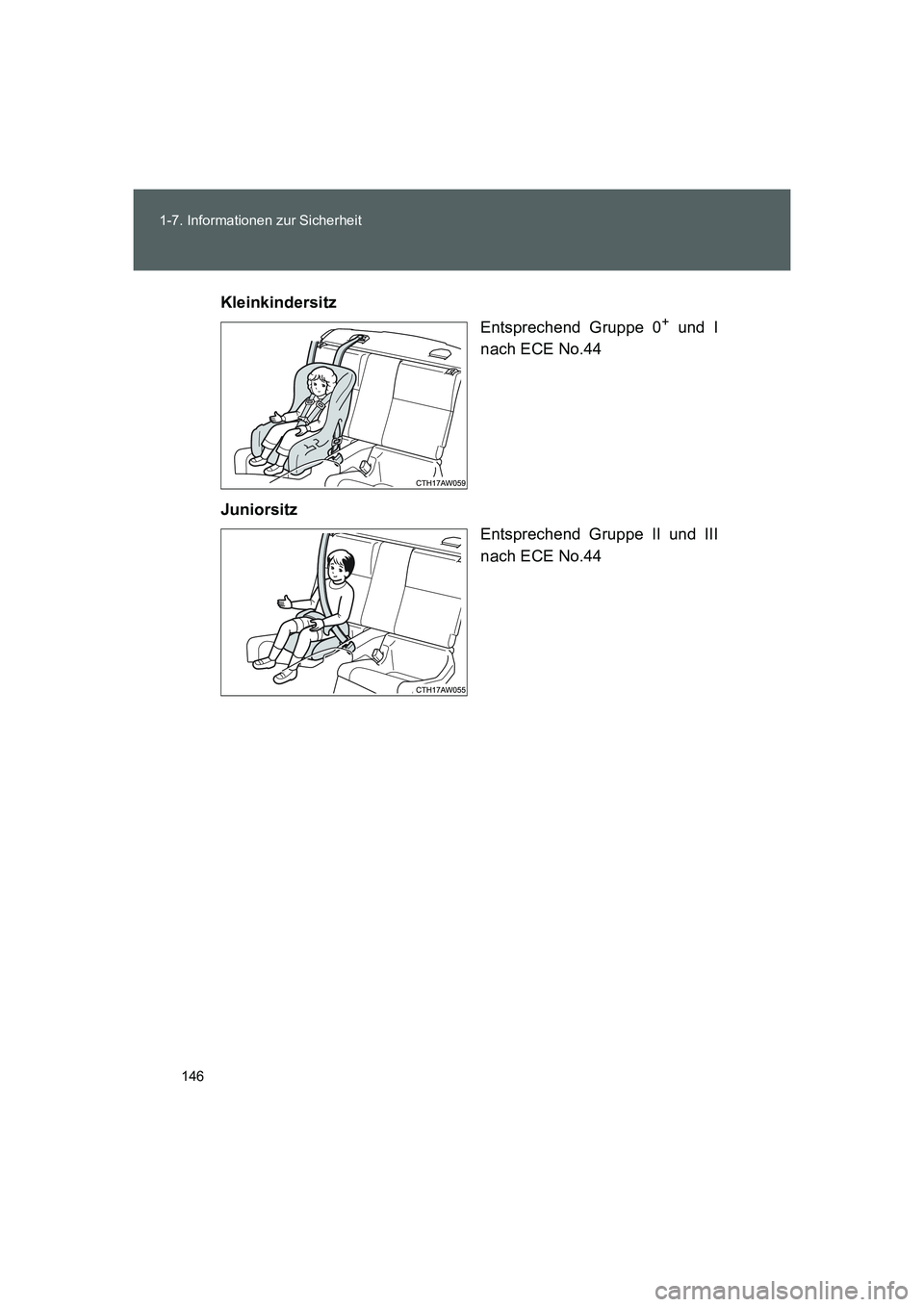 TOYOTA GT86 2014  Betriebsanleitungen (in German) 146 1-7. Informationen zur Sicherheit
FT86_EMKleinkindersitz
Entsprechend Gruppe 0
+ und I
nach ECE No.44
Juniorsitz
Entsprechend Gruppe II und III
nach ECE No.44
86_OM_EM_OM18061M.book  146 ページ