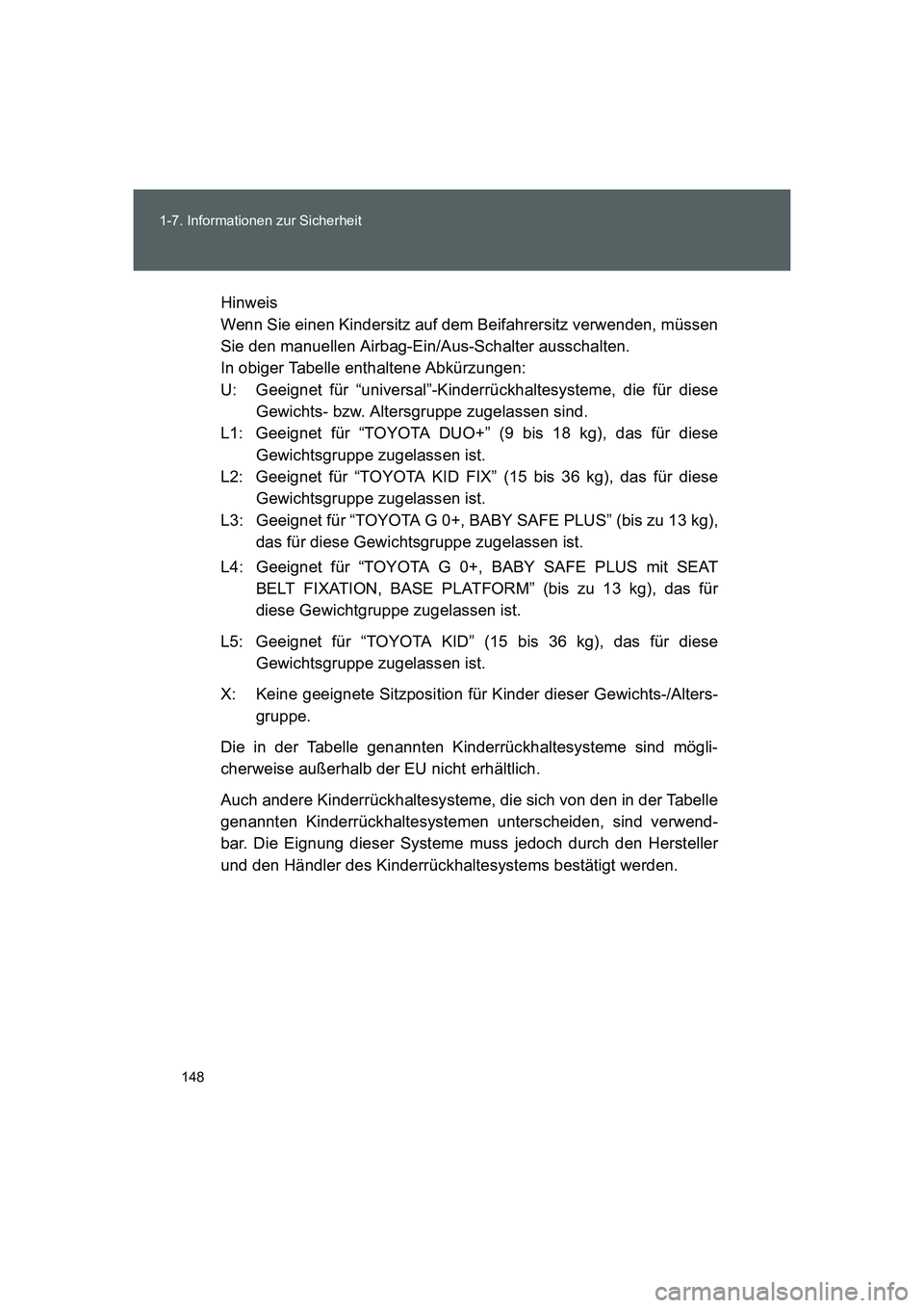 TOYOTA GT86 2014  Betriebsanleitungen (in German) 148 1-7. Informationen zur Sicherheit
FT86_EMHinweis
Wenn Sie einen Kindersitz auf dem Beifahrersitz verwenden, müssen
Sie den manuellen Airbag-Ein/Aus-Schalter ausschalten.
In obiger Tabelle enthalt