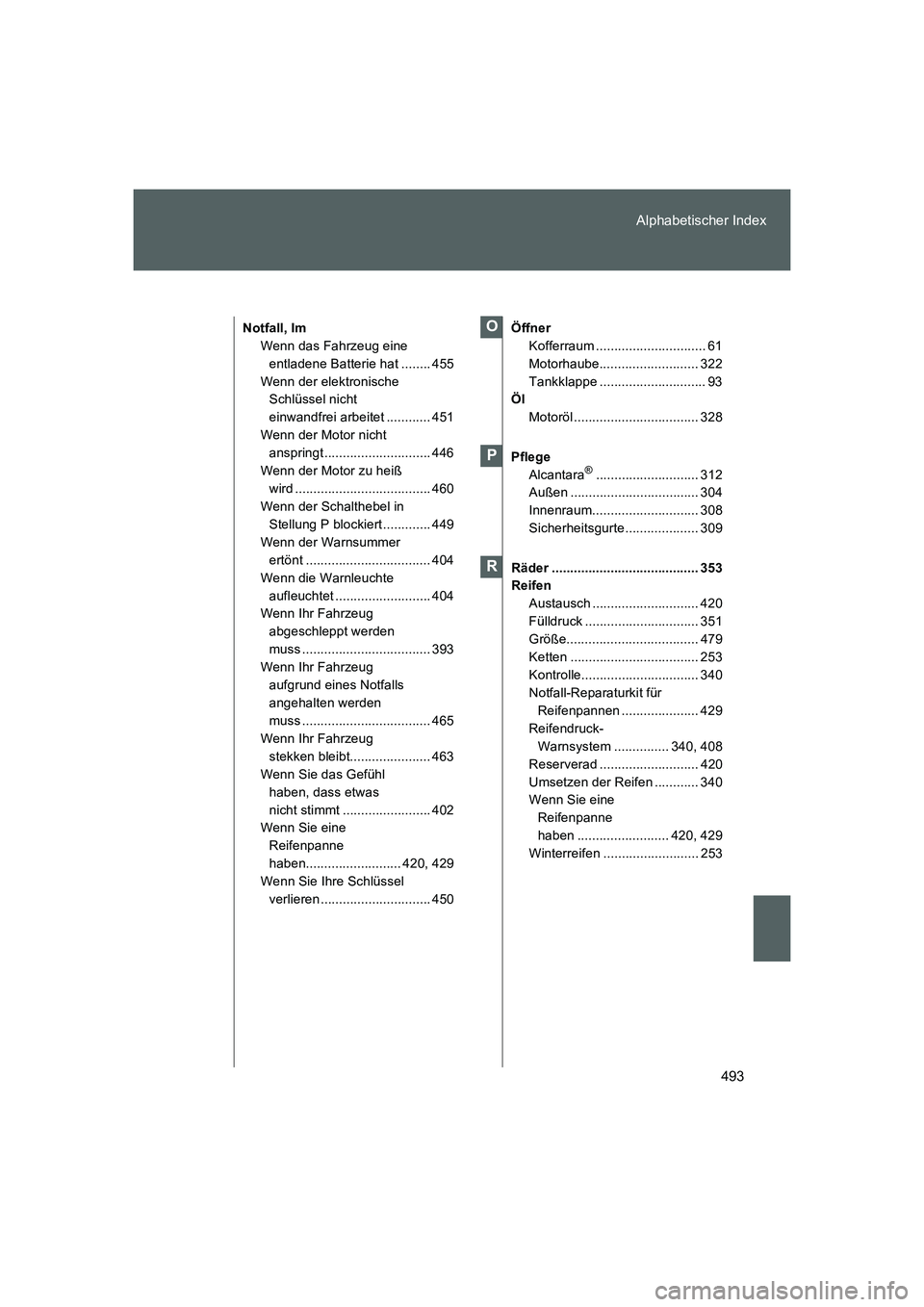 TOYOTA GT86 2014  Betriebsanleitungen (in German) 493 Alphabetischer Index
FT86_EM
Notfall, Im
Wenn das Fahrzeug eine 
entladene Batterie hat ........ 455
Wenn der elektronische 
Schlüssel nicht 
einwandfrei arbeitet ............ 451
Wenn der Motor 