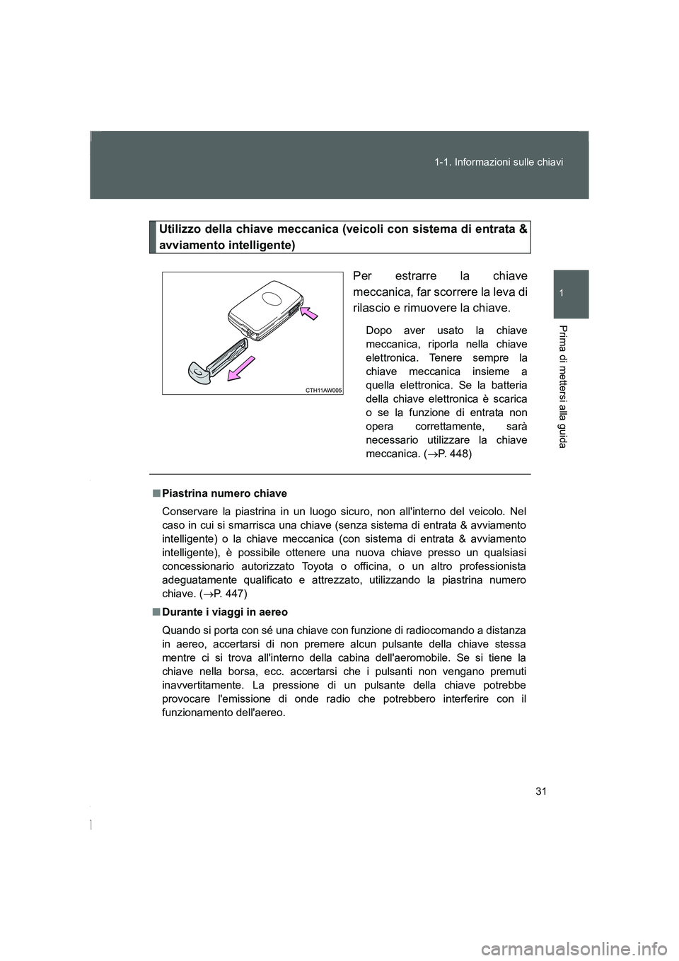 TOYOTA GT86 2014  Manuale duso (in Italian) 31 1-1. Informazioni sulle chiavi
1
Prima di mettersi alla guida
FT86_EL
Utilizzo della chiave meccanica (veicoli con sistema di entrata &
avviamento intelligente)
Per estrarre la chiave
meccanica, fa