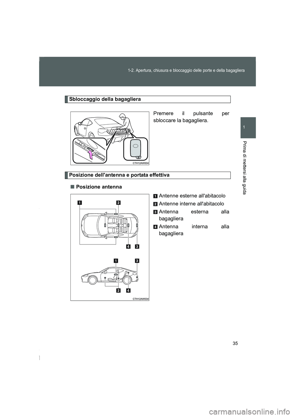 TOYOTA GT86 2014  Manuale duso (in Italian) 35
1-2. Apertura, chiusura e bloccaggio delle porte e della bagagliera
1
Prima di mettersi alla guida
FT86_EL
Sbloccaggio della bagagliera
Premere il pulsante per
sbloccare la bagagliera.
Posizione de