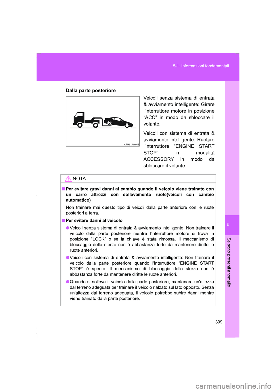 TOYOTA GT86 2014  Manuale duso (in Italian) 5
399 5-1. Informazioni fondamentali
Se sono presenti anomalie
FT86_ELDalla parte posteriore
Veicoli senza sistema di entrata
& avviamento intelligente: Girare
linterruttore motore in posizione
“AC
