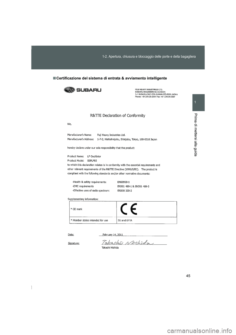 TOYOTA GT86 2014  Manuale duso (in Italian) 45
1-2. Apertura, chiusura e bloccaggio delle porte e della bagagliera
1
Prima di mettersi alla guida
FT86_EL
■Certificazione del sistema di entrata & avviamento intelligente
86_OM_EL_OM18064L.book 