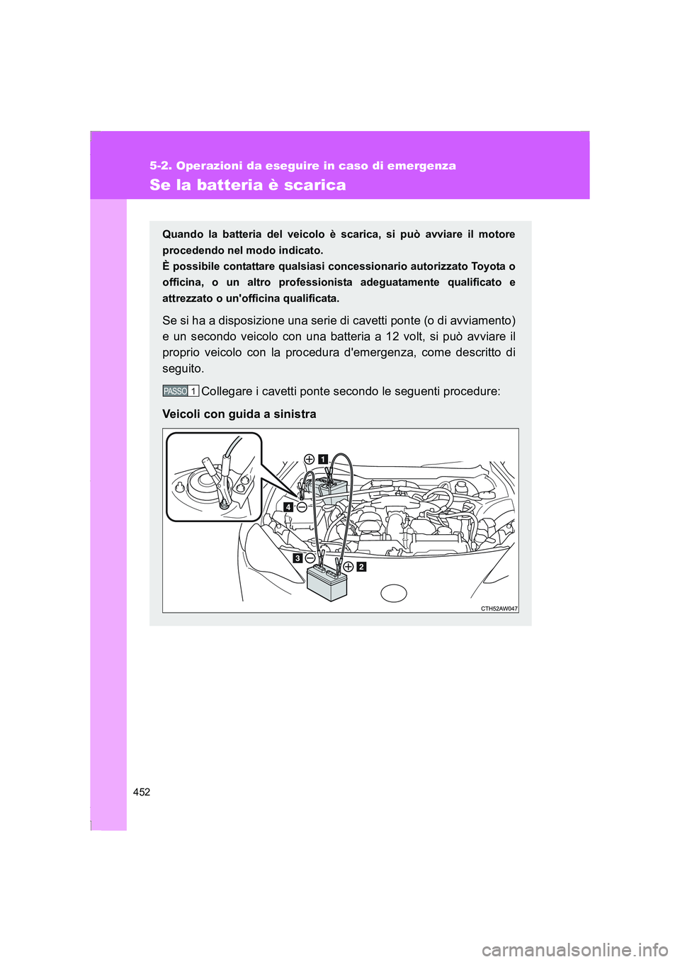 TOYOTA GT86 2014  Manuale duso (in Italian) 452
5-2. Operazioni da eseguire in caso di emergenza
FT86_EL
Se la batteria è scarica
Quando la batteria del veicolo è scarica, si può avviare il motore
procedendo nel modo indicato. 
È possibile 