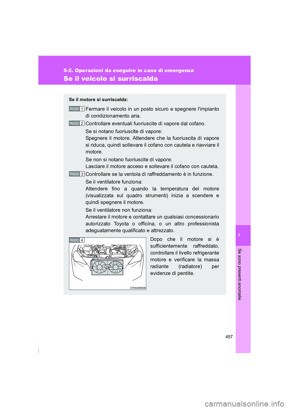 TOYOTA GT86 2014  Manuale duso (in Italian) 5
457
5-2. Operazioni da eseguire in caso di emergenza
Se sono presenti anomalie
FT86_EL
Se il veicolo si surriscalda
Se il motore si surriscalda:
Fermare il veicolo in un posto sicuro e spegnere lim