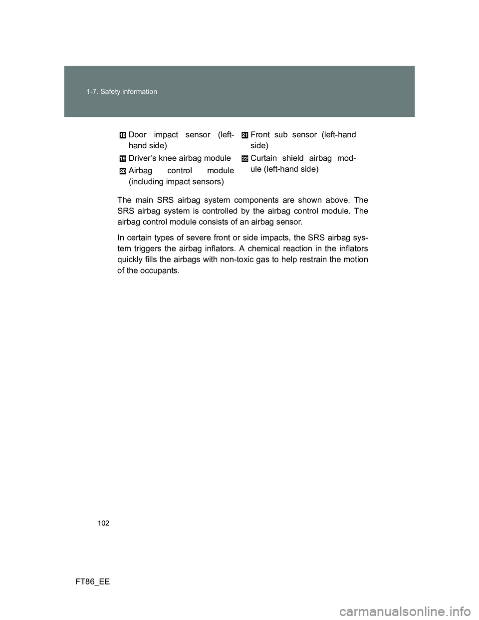 TOYOTA GT86 2012  Owners Manual 102 1-7. Safety information
FT86_EEThe main SRS airbag system components are shown above. The
SRS airbag system is controlled by the airbag control module. The
airbag control module consists of an air