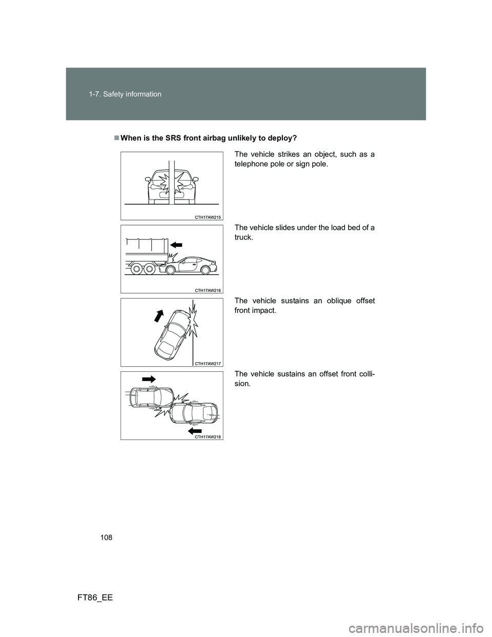 TOYOTA GT86 2012  Owners Manual 108 1-7. Safety information
FT86_EE
When is the SRS front airbag unlikely to deploy?
The vehicle strikes an object, such as a
telephone pole or sign pole.
The vehicle slides under the load bed of a