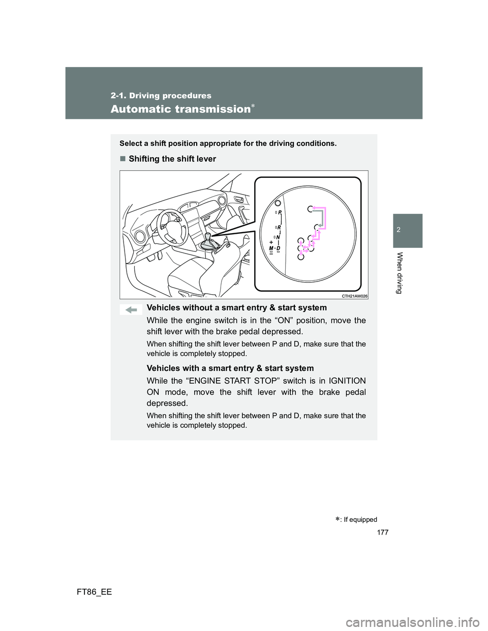 TOYOTA GT86 2012  Owners Manual 177
2-1. Driving procedures
2
When driving
FT86_EE
Automatic transmission
Select a shift position appropriate for the driving conditions.
Shifting the shift lever
Vehicles without a smart entry 