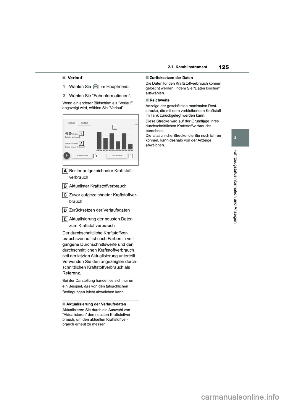 TOYOTA HIGHLANDER 2023 Betriebsanleitungen (in German) 125
2
2-1. Kombiinstrument
Fahrzeugstatusinformation und Anzeigen
■Ve r la uf
1 Wählen Sie im Hauptmenü.
2 Wählen Sie “Fahrinformationen”.
Wenn ein anderer Bildschirm als “Verlauf” TOYOTA HIGHLANDER 2023 Betriebsanleitungen (in German) 125
2
2-1. Kombiinstrument
Fahrzeugstatusinformation und Anzeigen
■Ve r la uf
1 Wählen Sie im Hauptmenü.
2 Wählen Sie “Fahrinformationen”.
Wenn ein anderer Bildschirm als “Verlauf”