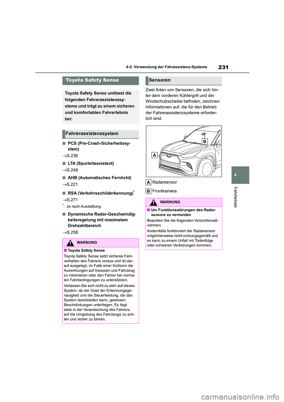 TOYOTA HIGHLANDER 2023  Betriebsanleitungen (in German) 231
4 
4-5. Verwendung der Fahrassistenz-Systeme
Fahrbetrieb
4-5.Verwendung der Fahrassistenz-Systeme
■PCS (Pre-Crash-Sicherheitssy- 
stem) 
 S.236
■LTA (Spurleitassistent) 
 S.248
■AHB (A