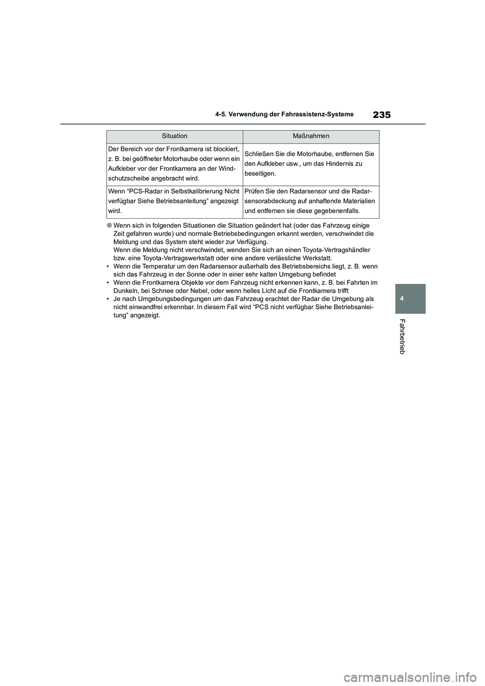 TOYOTA HIGHLANDER 2023  Betriebsanleitungen (in German) 235
4 
4-5. Verwendung der Fahrassistenz-Systeme
Fahrbetrieb
●Wenn sich in folgenden Situationen die Sit uation geändert hat (oder das Fahrzeug einige  
Zeit gefahren wurde) und normale Betriebsbed