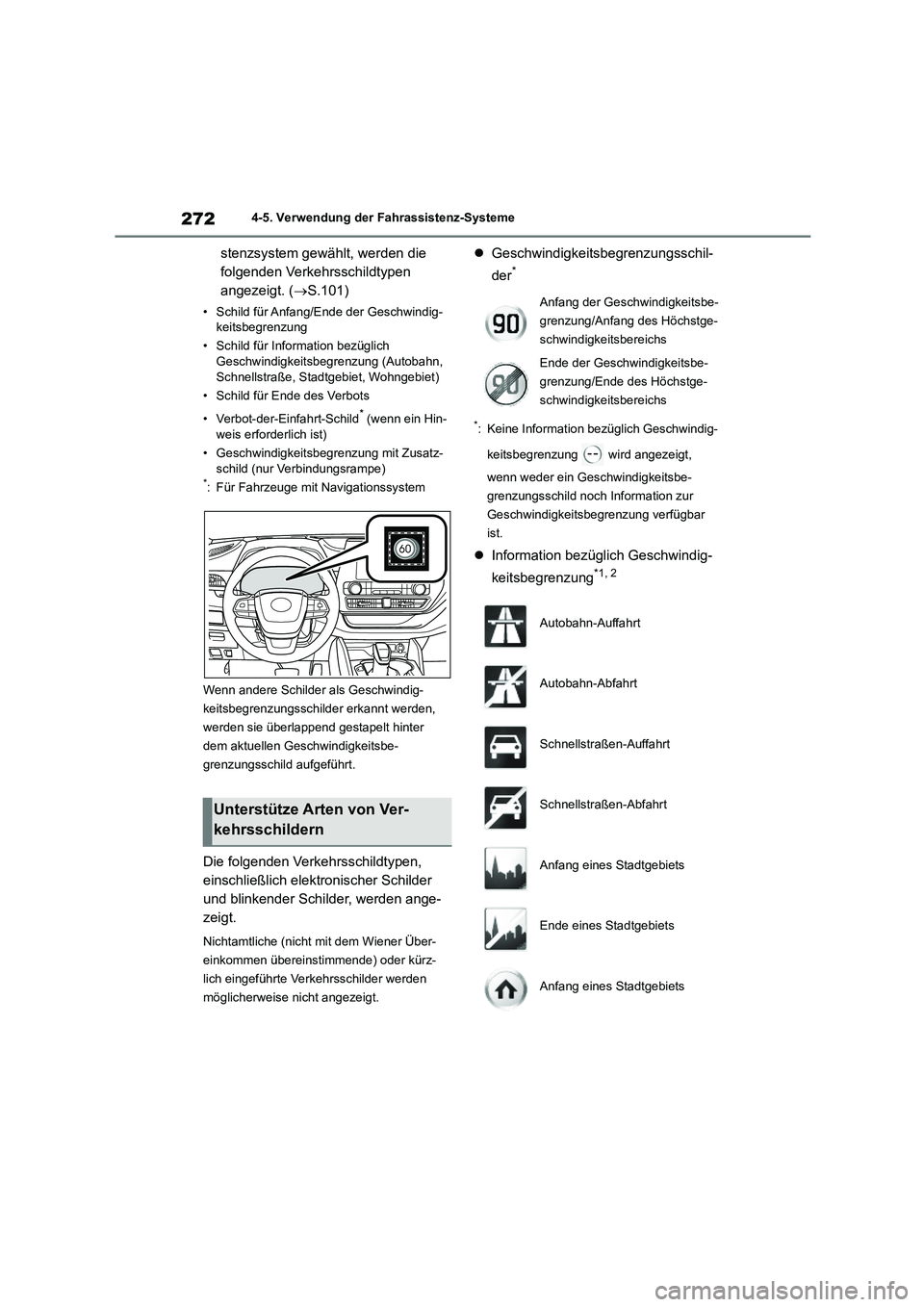 TOYOTA HIGHLANDER 2023 Betriebsanleitungen (in German) 2724-5. Verwendung der Fahrassistenz-Systeme
stenzsystem gewählt, werden die
folgenden Verkehrsschildtypen
angezeigt. ( S.101)
• Schild für Anfang/Ende der Geschwindig-
keitsbegrenzung
• TOYOTA HIGHLANDER 2023 Betriebsanleitungen (in German) 2724-5. Verwendung der Fahrassistenz-Systeme
stenzsystem gewählt, werden die
folgenden Verkehrsschildtypen
angezeigt. ( S.101)
• Schild für Anfang/Ende der Geschwindig-
keitsbegrenzung
•