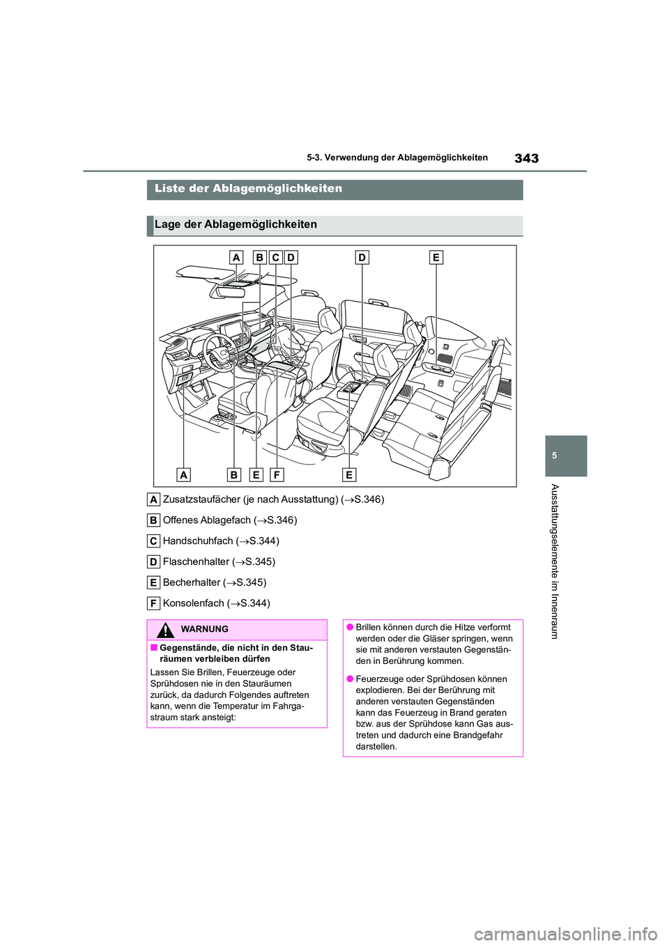 TOYOTA HIGHLANDER 2023  Betriebsanleitungen (in German) 343
5 
5-3. Verwendung der Ablagemöglichkeiten
Ausstattungselemente im Innenraum
5-3.Verwendung der Ablagemöglichkeiten
Zusatzstaufächer (je nach Ausstattung) ( S.346) 
Offenes Ablagefach  ( 