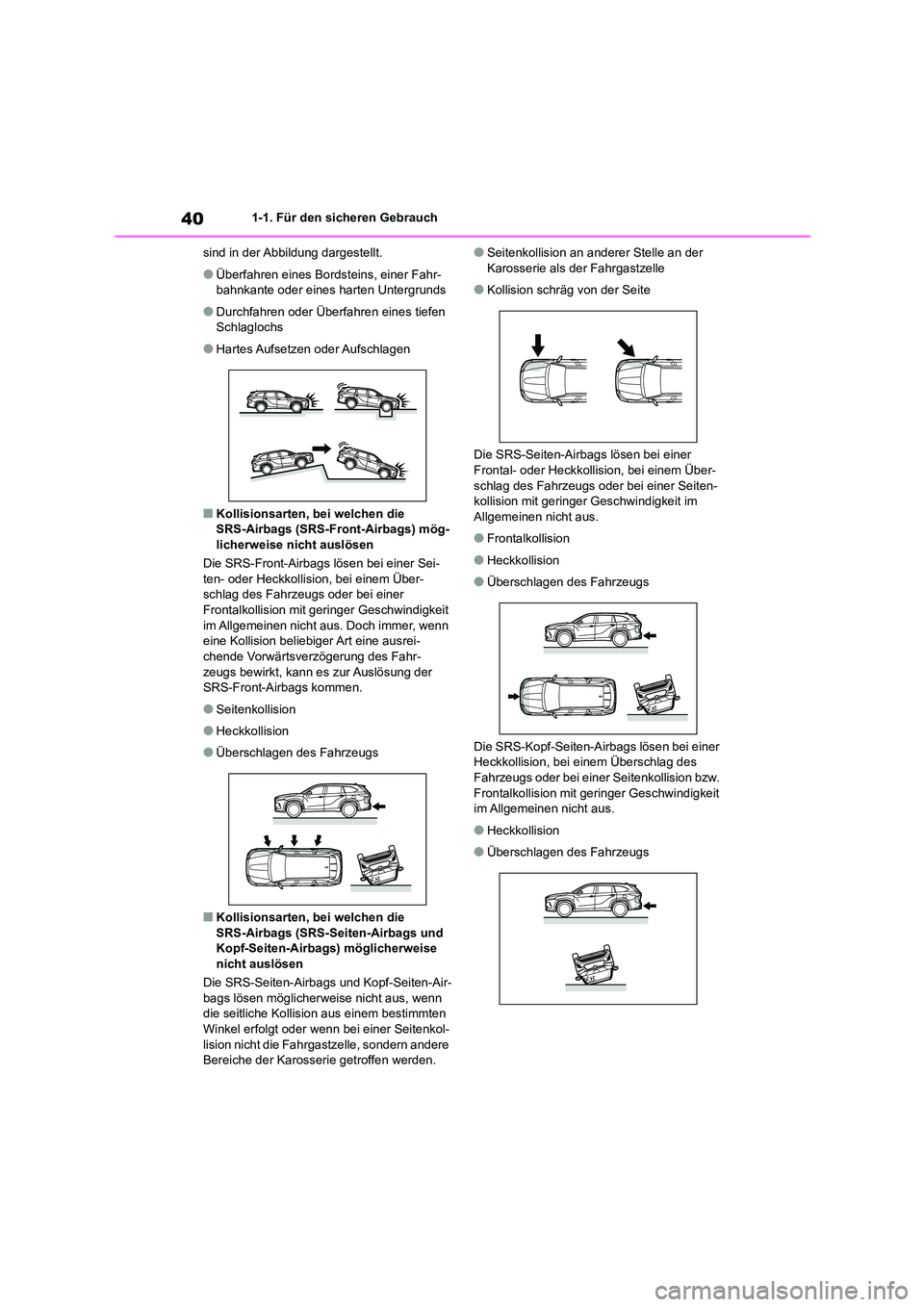 TOYOTA HIGHLANDER 2023  Betriebsanleitungen (in German) 401-1. Für den sicheren Gebrauch 
sind in der Abbildung dargestellt.
●Überfahren eines Bordsteins, einer Fahr- 
bahnkante oder eines harten Untergrunds
●Durchfahren oder Überfahren eines tiefen