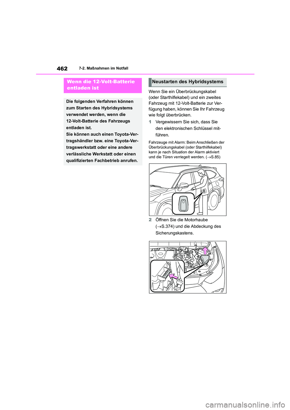 TOYOTA HIGHLANDER 2023  Betriebsanleitungen (in German) 4627-2. Maßnahmen im Notfall
Wenn Sie ein Überbrückungskabel  
(oder Starthilfekabel) und ein zweites 
Fahrzeug mit 12-Volt-Batterie zur Ver-
fügung haben, können Sie Ihr Fahrzeug 
wie folgt übe