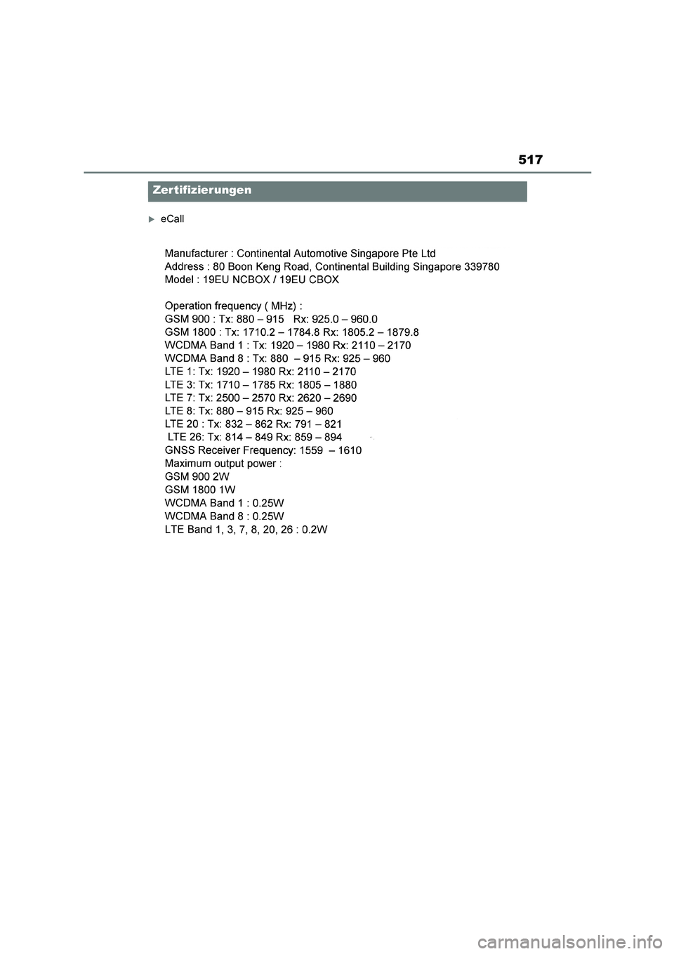 TOYOTA HIGHLANDER 2023  Betriebsanleitungen (in German) 517
eCall
Zer tifizierungen 