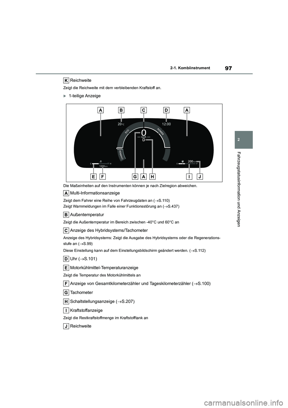 TOYOTA HIGHLANDER 2023  Betriebsanleitungen (in German) 97
2 
2-1. Kombiinstrument
Fahrzeugstatusinformation und Anzeigen
Reichweite
Zeigt die Reichweite mit dem verbleibenden Kraftstoff an.
1-teilige Anzeige
Die Maßeinheiten auf den Instrument en kön