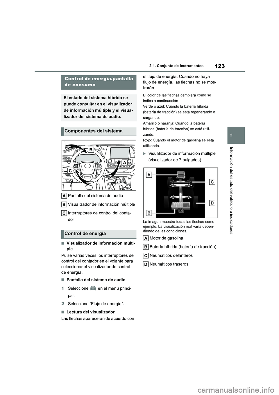 TOYOTA HIGHLANDER 2023  Manual del propietario (in Spanish) 123
2 
2-1. Conjunto de instrumentos
Información del estado del vehículo e indicadores
Pantalla del sistema de audio 
Visualizador de información múltiple 
Interruptores de control del conta- 
dor