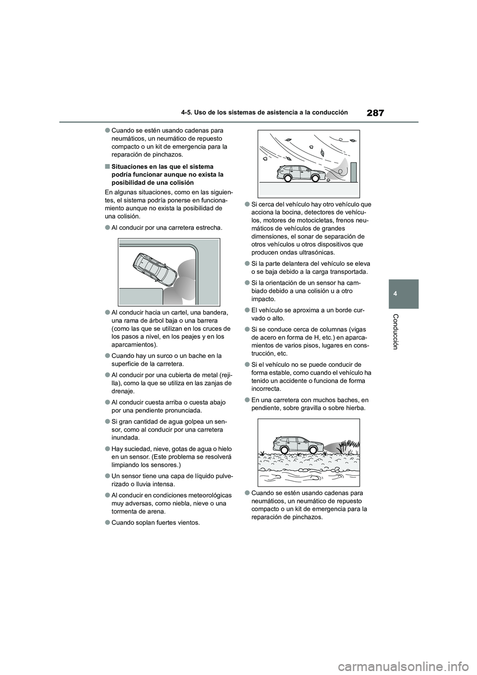 TOYOTA HIGHLANDER 2023  Manual del propietario (in Spanish) 287
4 
4-5. Uso de los sistemas de asistencia a la conducción
Conducción
●Cuando se estén usando cadenas para  neumáticos, un neumático de repuesto  
compacto o un kit de emergencia para la 
re