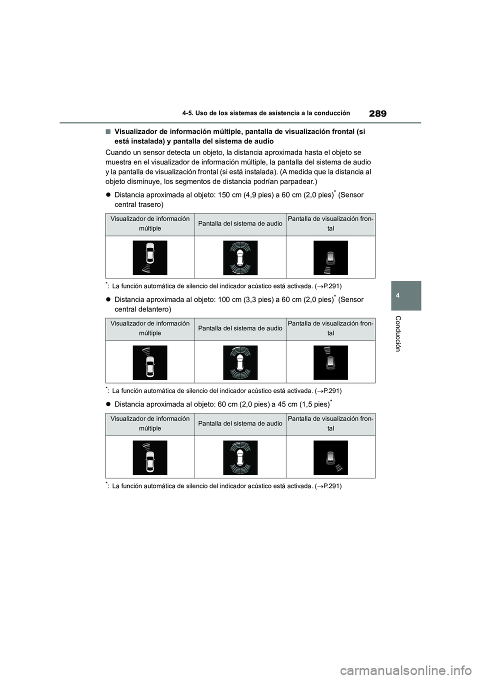 TOYOTA HIGHLANDER 2023  Manual del propietario (in Spanish) 289
4 
4-5. Uso de los sistemas de asistencia a la conducción
Conducción
■Visualizador de información múltiple, pantalla de visualización frontal (si  
está instalada) y pantalla del sistema d