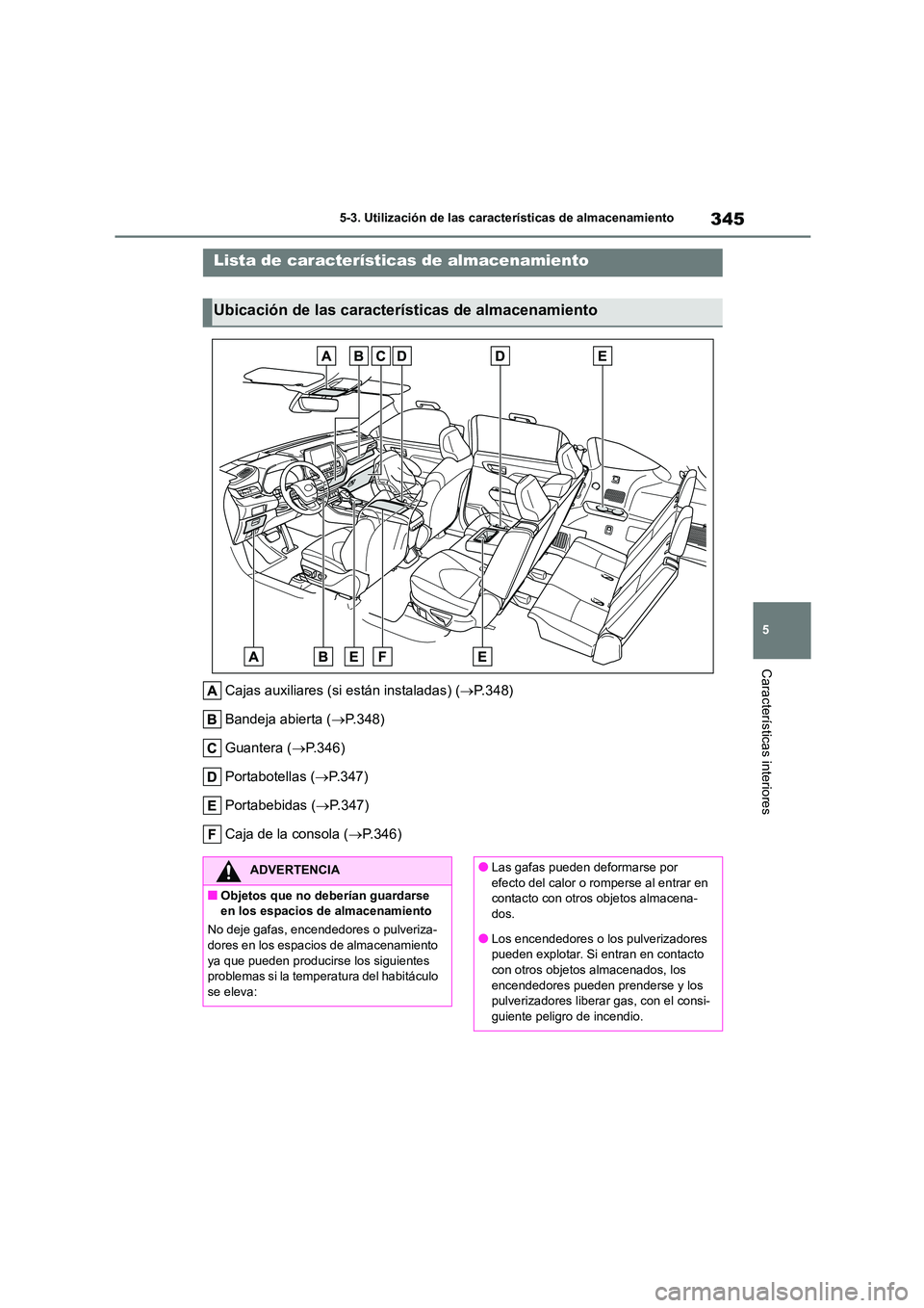 TOYOTA HIGHLANDER 2023  Manual del propietario (in Spanish) 345
5 
5-3. Utilización de las características de almacenamiento
Características interiores
5-3.Utilización de las características de almacenamiento
Cajas auxiliares (si están instaladas) ( P