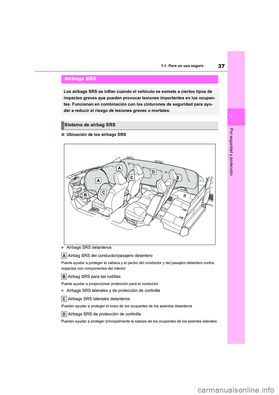 TOYOTA HIGHLANDER 2023  Manual del propietario (in Spanish) 37
1 
1-1. Para un uso seguro
Por seguridad y protección
■Ubicación de los airbags SRS
Airbags SRS delanteros 
Airbag SRS del conductor/pasajero delantero
Puede ayudar a proteger la cabeza y el