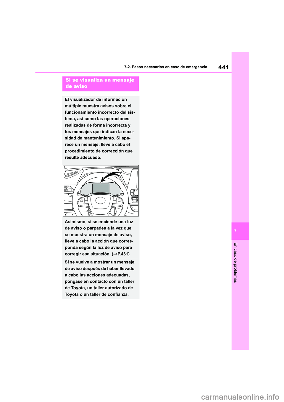 TOYOTA HIGHLANDER 2023  Manual del propietario (in Spanish) 441
7 
7-2. Pasos necesarios en caso de emergencia
En caso de problemas
Si se visualiza un mensaje  
de aviso
El visualizador de información  
múltiple muestra avisos sobre el 
funcionamiento incorr