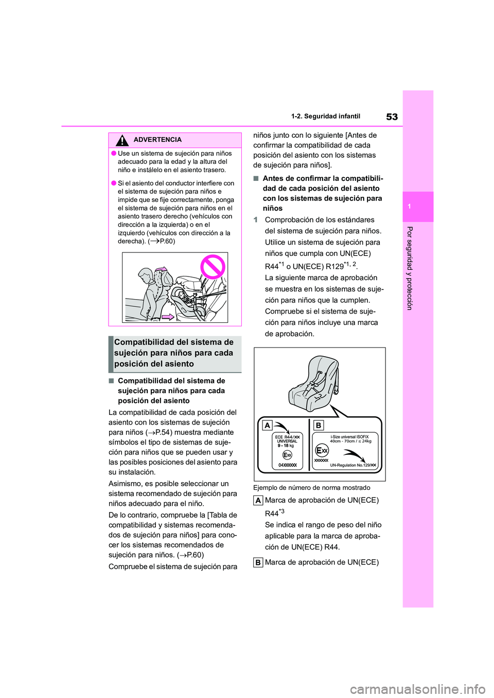 TOYOTA HIGHLANDER 2023  Manual del propietario (in Spanish) 53
1 
1-2. Seguridad infantil
Por seguridad y protección
■Compatibilidad del sistema de  
sujeción para niños para cada 
posición del asiento 
La compatibilidad de cada posición del  
asiento c