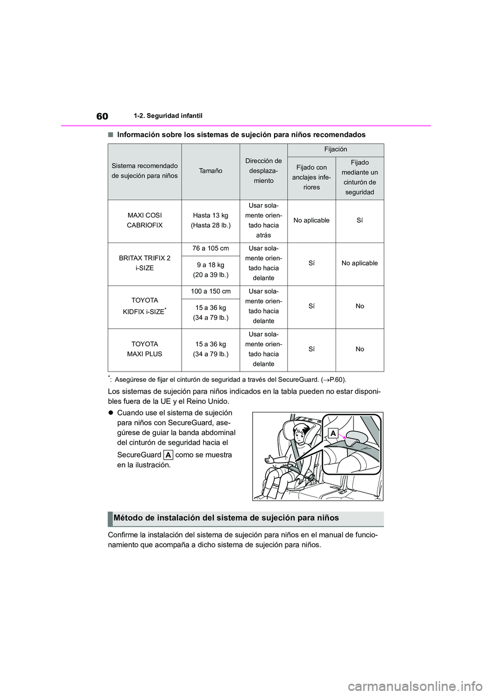TOYOTA HIGHLANDER 2023  Manual del propietario (in Spanish) 601-2. Seguridad infantil
■Información sobre los sistemas de sujeción para niños recomendados
*: Asegúrese de fijar el cinturón de seguridad a través del SecureGuard. (P.60).
Los sistemas d