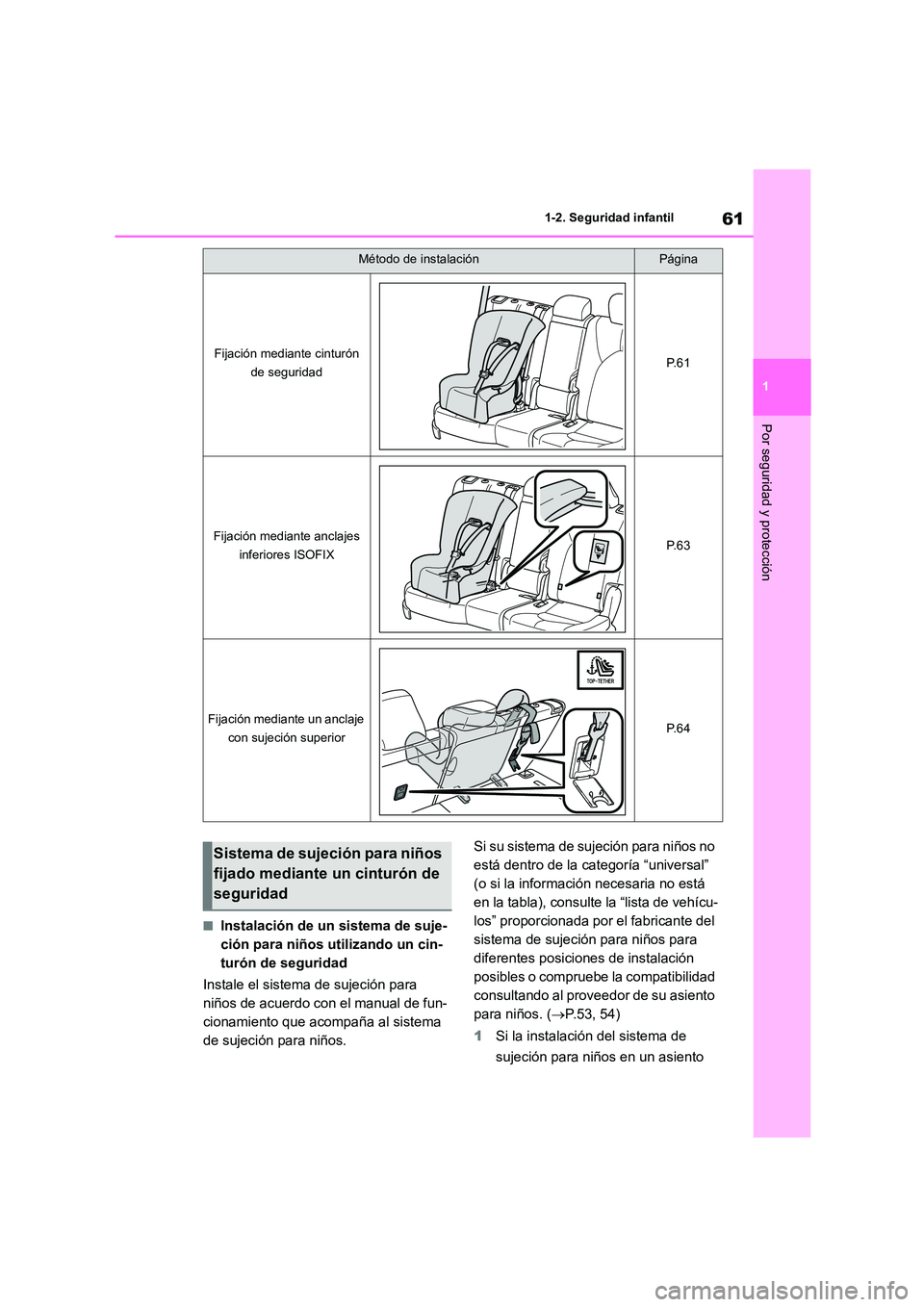TOYOTA HIGHLANDER 2023  Manual del propietario (in Spanish) 61
1 
1-2. Seguridad infantil
Por seguridad y protección
■Instalación de un sistema de suje- 
ción para niños utilizando un cin-
turón de seguridad 
Instale el sistema de sujeción para  
niño