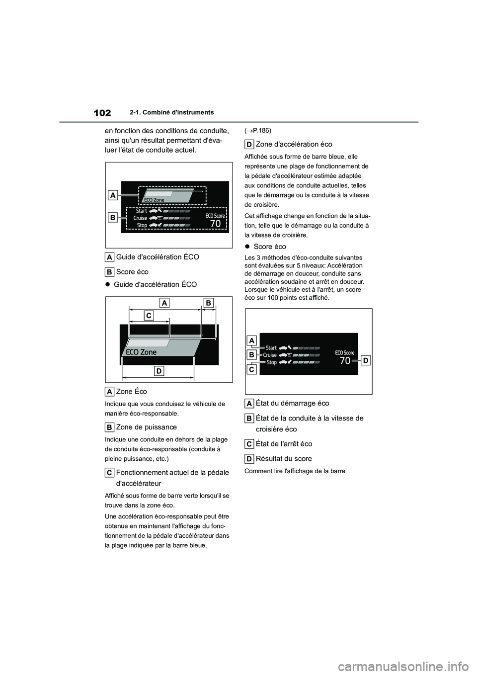 TOYOTA HIGHLANDER 2023  Manuel du propriétaire (in French) 1022-1. Combiné dinstruments
en fonction des conditions de conduite,  
ainsi quun résultat permettant déva-
luer létat de conduite actuel. 
Guide daccélération ÉCO 
Score éco 
 Guide d