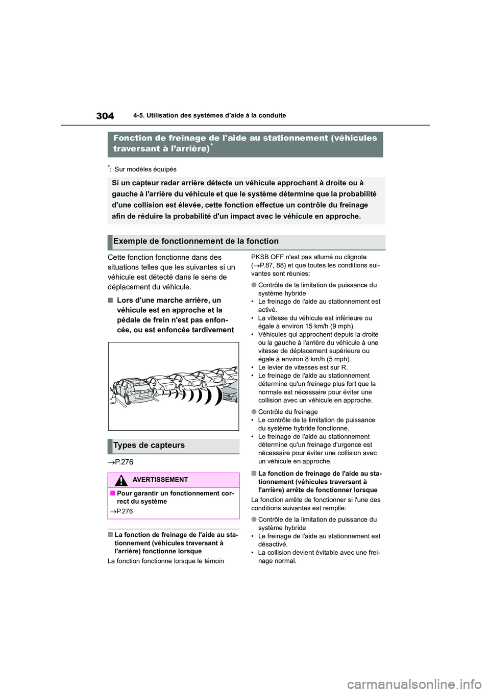 TOYOTA HIGHLANDER 2023  Manuel du propriétaire (in French) 3044-5. Utilisation des systèmes daide à la conduite
*: Sur modèles équipés
Cette fonction fonctionne dans des  
situations telles que les suivantes si un 
véhicule est détecté dans le sens d