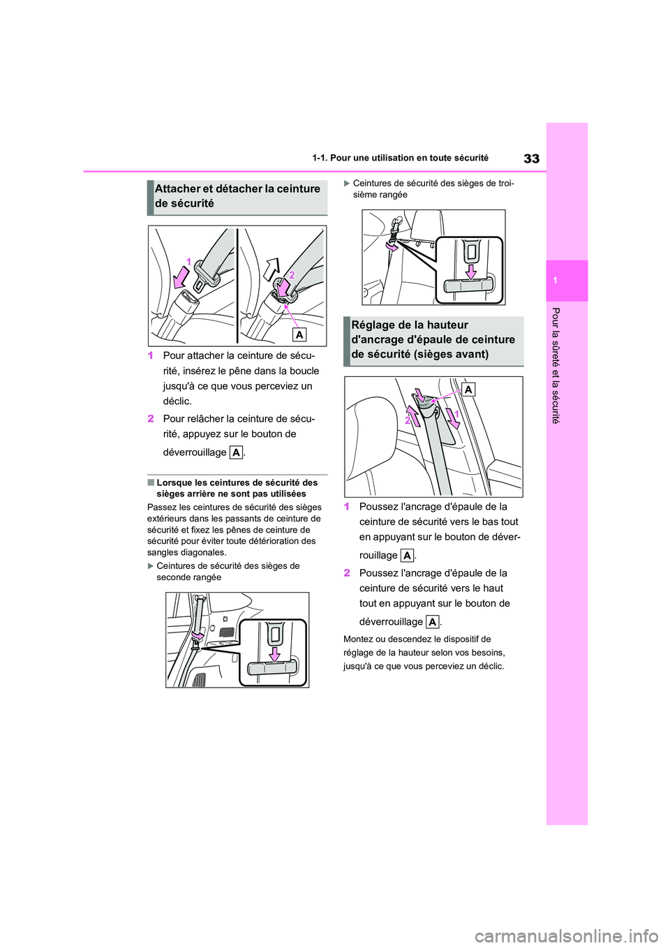 TOYOTA HIGHLANDER 2023  Manuel du propriétaire (in French) 33
1 
1-1. Pour une utilisation en toute sécurité
Pour la sûreté et la sécurité
1 Pour attacher la ceinture de sécu- 
rité, insérez le pêne dans la boucle 
jusquà ce que vous perceviez un 