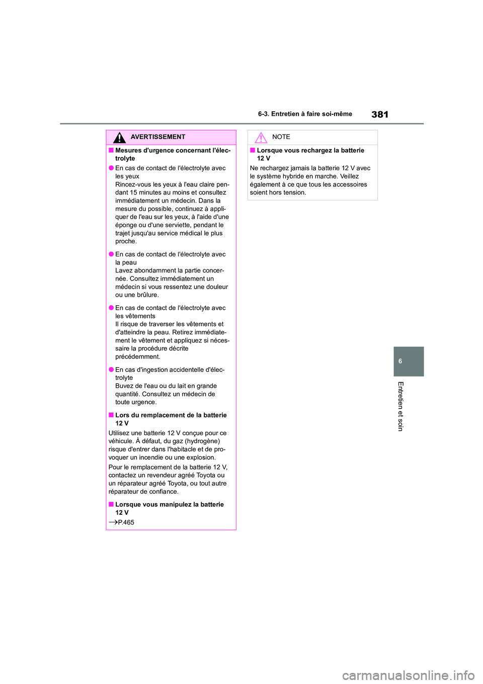 TOYOTA HIGHLANDER 2023  Manuel du propriétaire (in French) 381
6 
6-3. Entretien à faire soi-même
Entretien et soin
AVERTISSEMENT
■Mesures durgence concernant lélec- 
trolyte
●En cas de contact de lélectrolyte avec 
les yeux Rincez-vous les yeux  