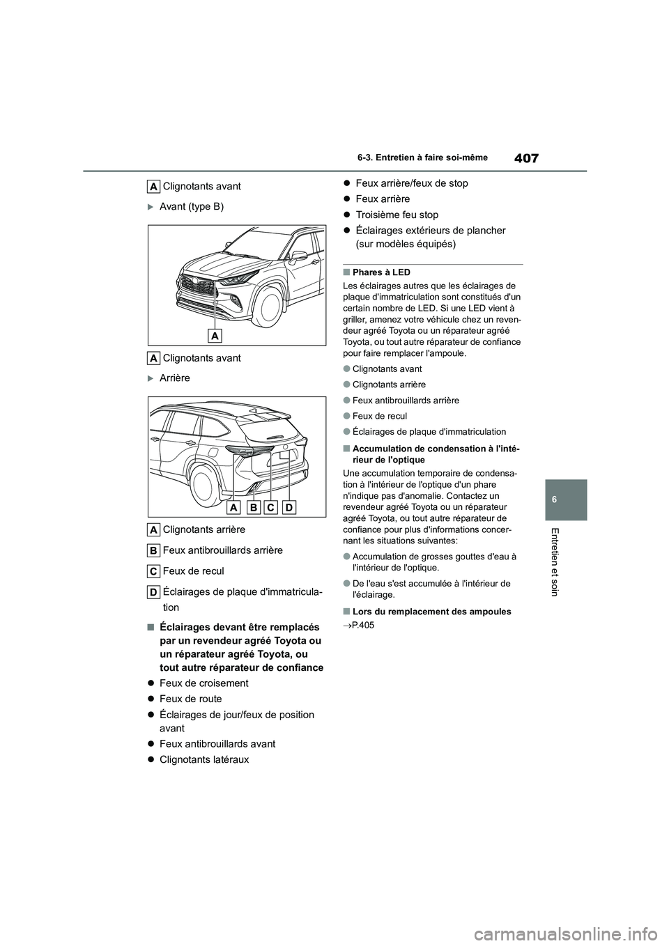TOYOTA HIGHLANDER 2023  Manuel du propriétaire (in French) 407
6 
6-3. Entretien à faire soi-même
Entretien et soin
Clignotants avant
Avant (type B) 
Clignotants avant
Arrière 
Clignotants arrière 
Feux antibrouillards arrière
Feux de recul 
Éclai