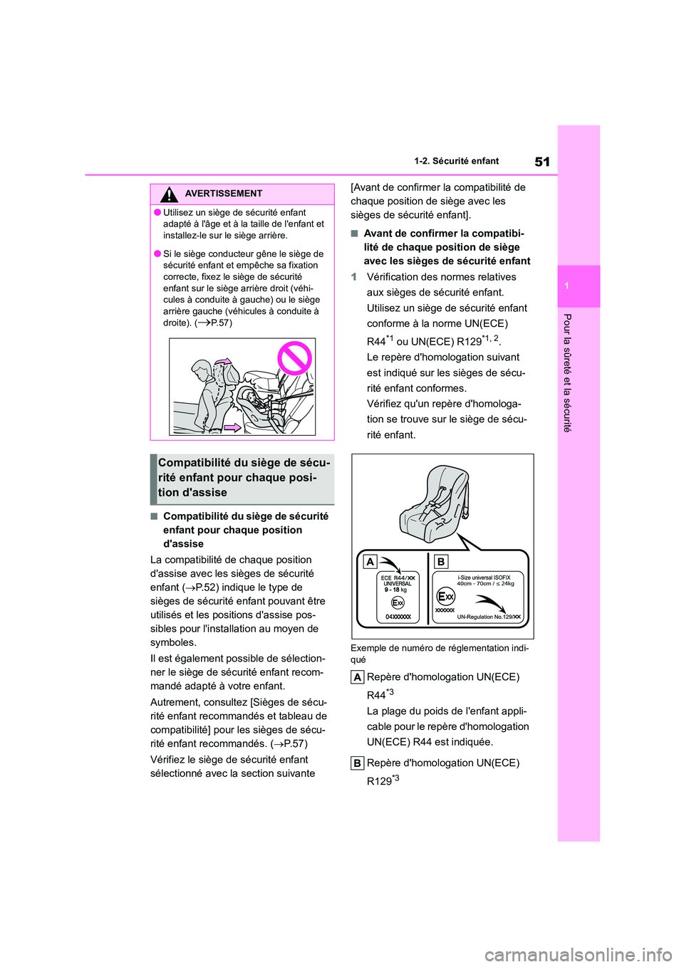 TOYOTA HIGHLANDER 2023  Manuel du propriétaire (in French) 51
1 
1-2. Sécurité enfant
Pour la sûreté et la sécurité
■Compatibilité du siège de sécurité  
enfant pour chaque position 
dassise 
La compatibilité de chaque position  
dassise avec l