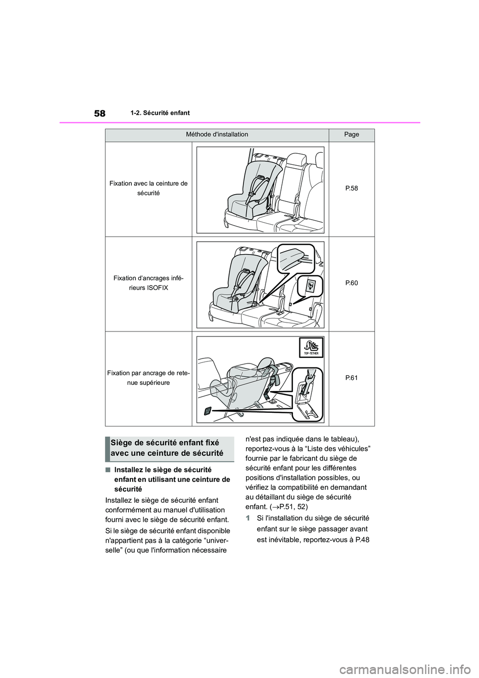 TOYOTA HIGHLANDER 2023  Manuel du propriétaire (in French) 581-2. Sécurité enfant
■Installez le siège de sécurité  
enfant en utilisant une ceinture de 
sécurité 
Installez le siège de sécurité enfant  
conformément au manuel dutilisation 
fourn